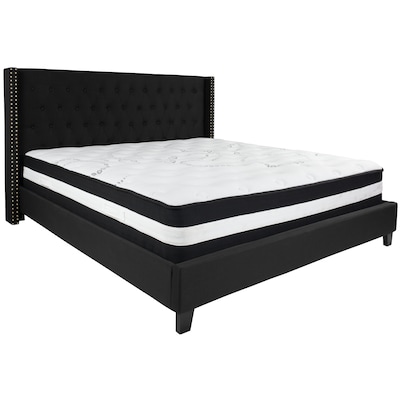 Flash Furniture Riverdale Tufted Upholstered Platform Bed in Black Fabric with Pocket Spring Mattres