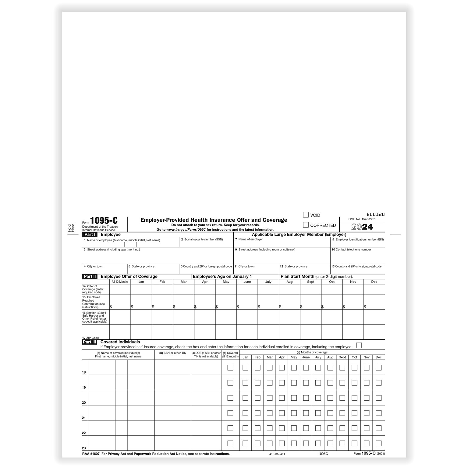 ComplyRight 2024 1095-C Tax Form, 1-Part, White/Black, 50/Pack (1095C50)