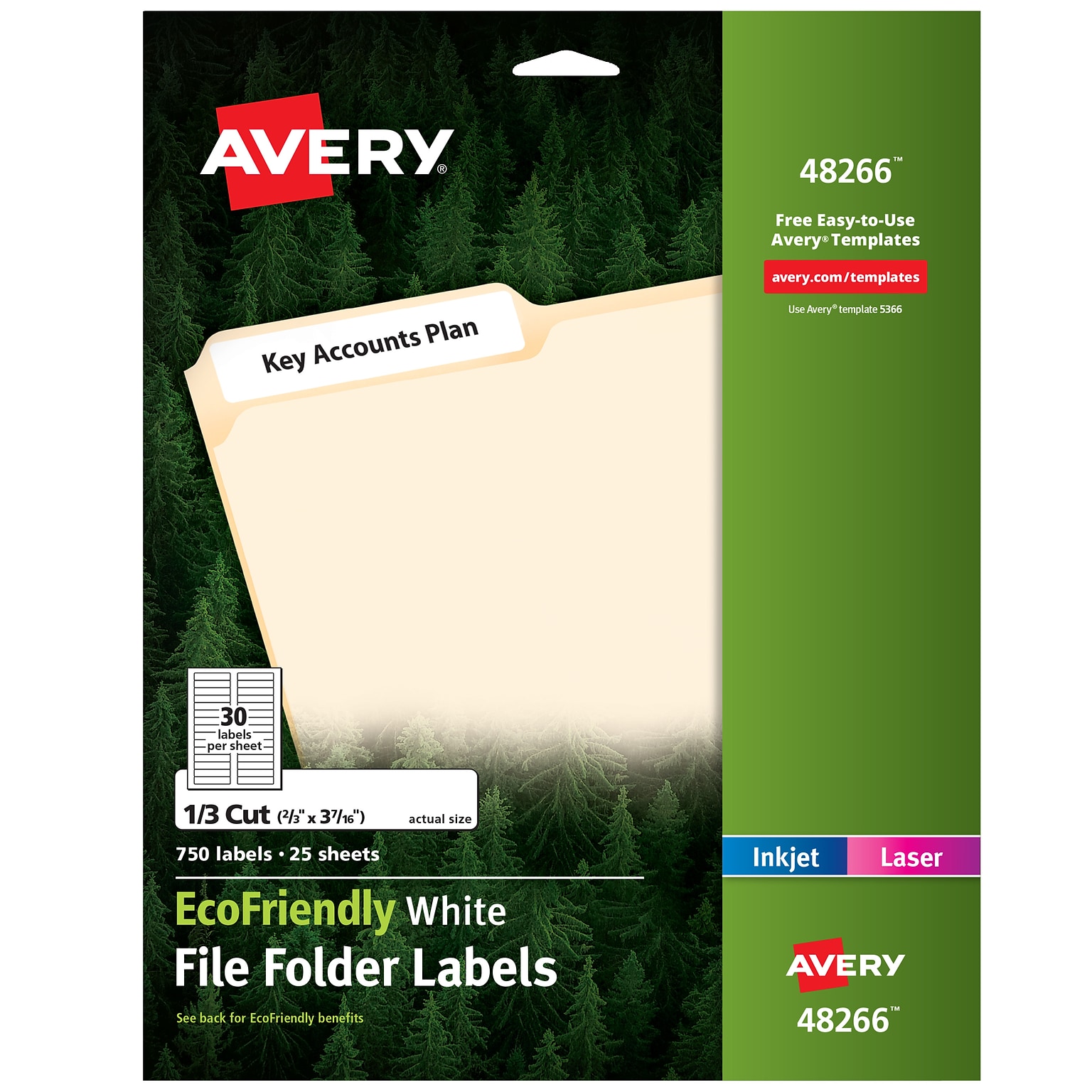 Avery EcoFriendly Laser/Inkjet File Folder Labels, 2/3 x 3 7/16, White, 30 Labels/Sheet, 25 Sheets/Pack (48266)