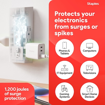 Staples TECH 6-Outlet 3-USB Port Surge Protector, 1200 Joules, White (ST62778)