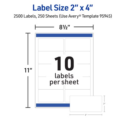 Avery Sure Feed Laser/Inkjet Shipping Labels, 2" x 4", White, 10 Labels/Sheet, 2,500 Labels/Box (95945)
