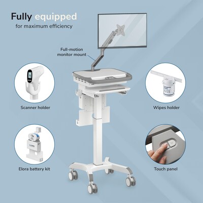 Mount-It! MedHub Powered Height-Adjustable Medical Cart with Monitor Arm, Scanner & Wipes Holders, White/Gray (MI-16065)