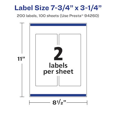 Avery Laser/Inkjet Rectangle Waterproof Multipurpose Labels, 3.25"  x 7.75", White, 200/Box (94260)