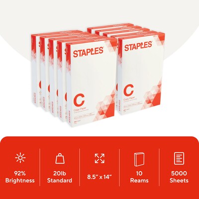 Staples 8.5-Inch x 14-Inch Copy Paper 20 lbs. 92 Brightness 500/Ream 10 Reams/Count