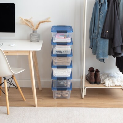 Iris Stack & Pull 12 Qt. Snap Lid Storage Boxes, Clear/Navy, 6/Carton (100306-CT)