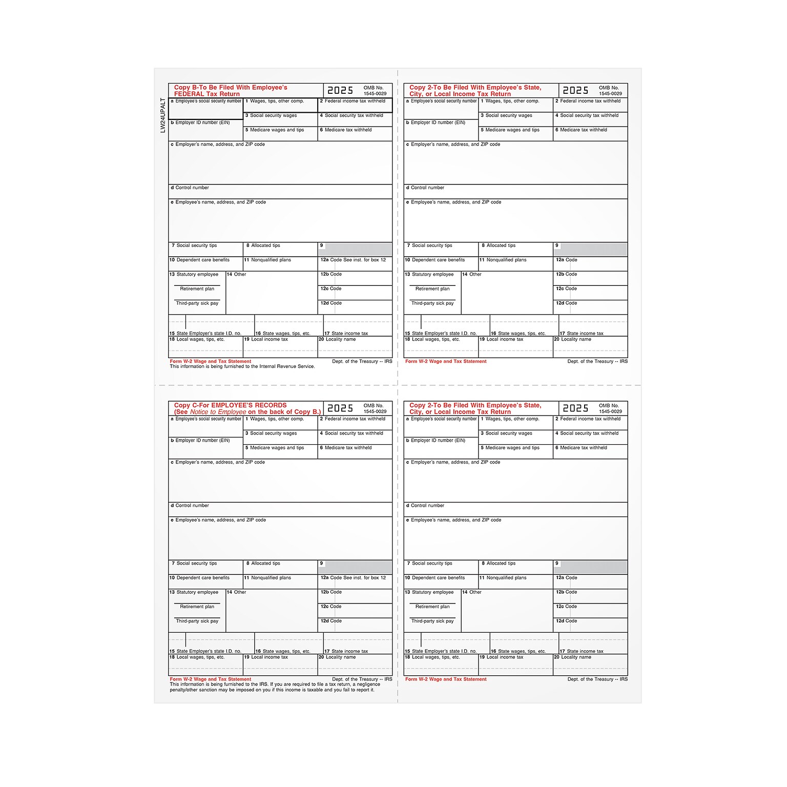 Adams Employees Copies Cut Sheet 2026 W-2 Tax Form, 1-Part, 4-Up, Copy B, C, 2, 100/Pack (LW24UPALT100)