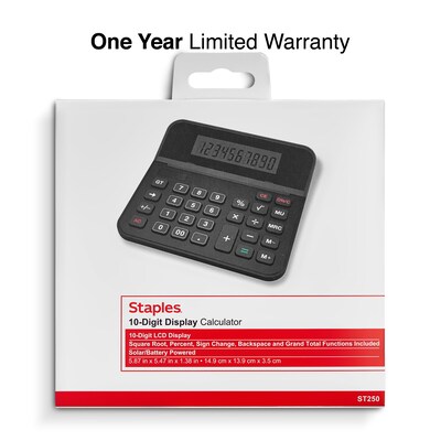 Staples 10-Digit Battery & Solar Basic Calculator, Black (TR250/ST250-CC)
