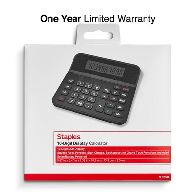 Staples 10-Digit Battery/Solar Powered Basic Calculator, Black (TR250/ST250-CC)