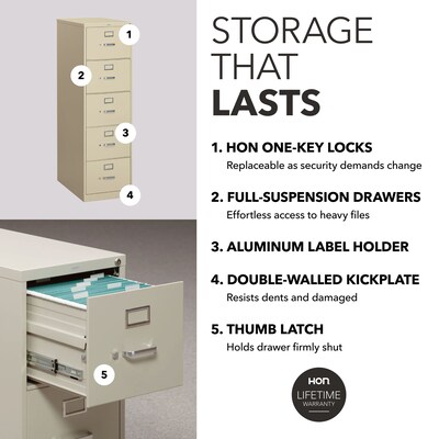 HON 310 Series 5-Drawer Vertical File Cabinet, Legal Size, Lockable, 60"H x 18.25"W x 26.5"D, Putty (HON315CPL)