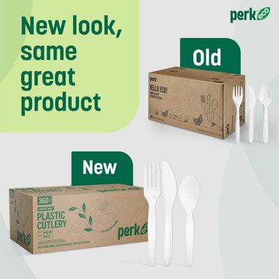 Perk™ Eco Compostable PLA Assorted Cutlery, Medium-Weight, White, 360/Pack (PK56205)