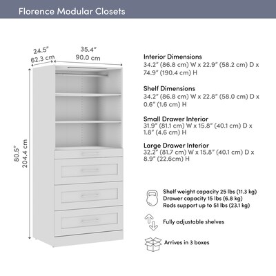Bestar Florence Closet System, 5 Shelves, 4 Drawers, 36"W x 25"D, White (127607-000017)