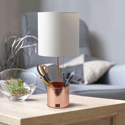 Simple Designs Hammered Metal Organizer Table Lamp with USB charging port and Fabric Shade, Rose Gold (LT1085-RGD)
