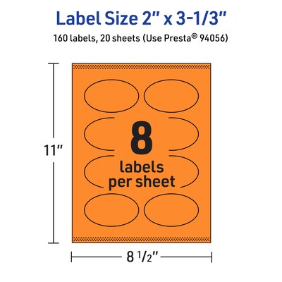 Avery Laser/Inkjet Multipurpose Oval Labels, 2" x 3-1/3", Bright Orange, 160/Pack (94056)