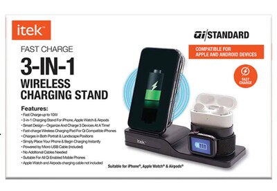 ITEK 3-in-1 Wireless Charging Stand for Apple Watch, Airpods, IPhone and Android Phones, Black (WSC-6/1772)