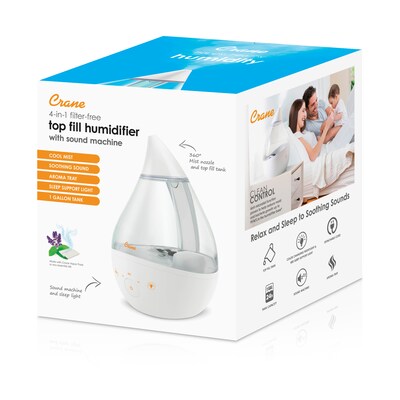 Crane Drop 2.0 Ultrasonic Cool Mist Tabletop Humidifier, 1-Gallon, Clear & White (EE-5306CW)