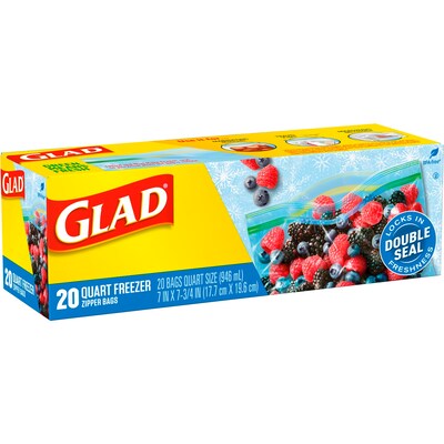 Glad Zipper Freezer Bags, Quart, 20 Bags/Box (57035)