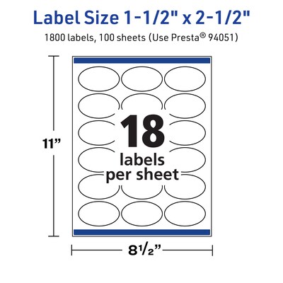 Avery TrueBlock Laser/Inkjet Oval Multipurpose Labels, 1.5" x 2.5", White, 1800/Box (94051)