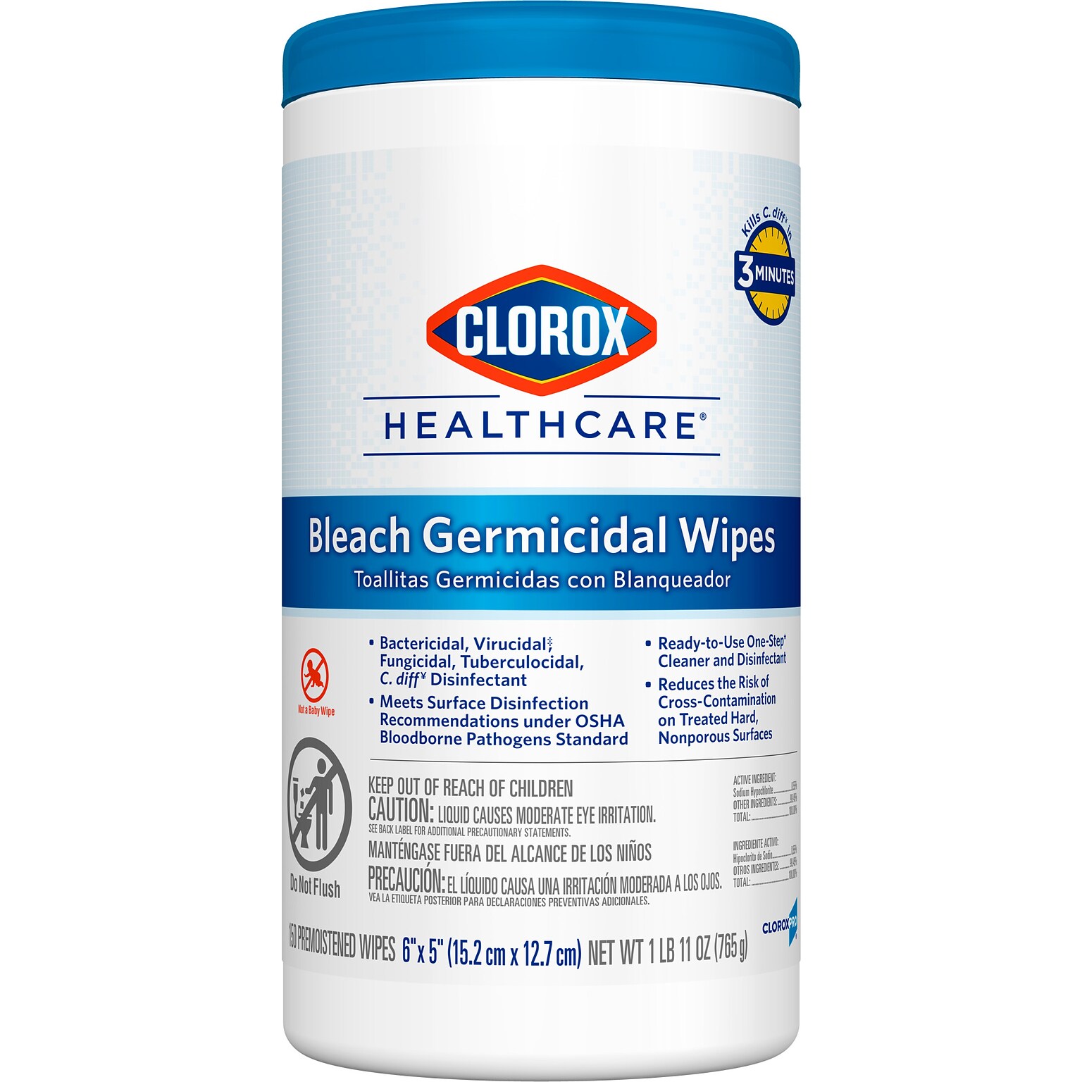 Clorox Healthcare Bleach Germicidal Wipes, 150 Count Canister (30577)