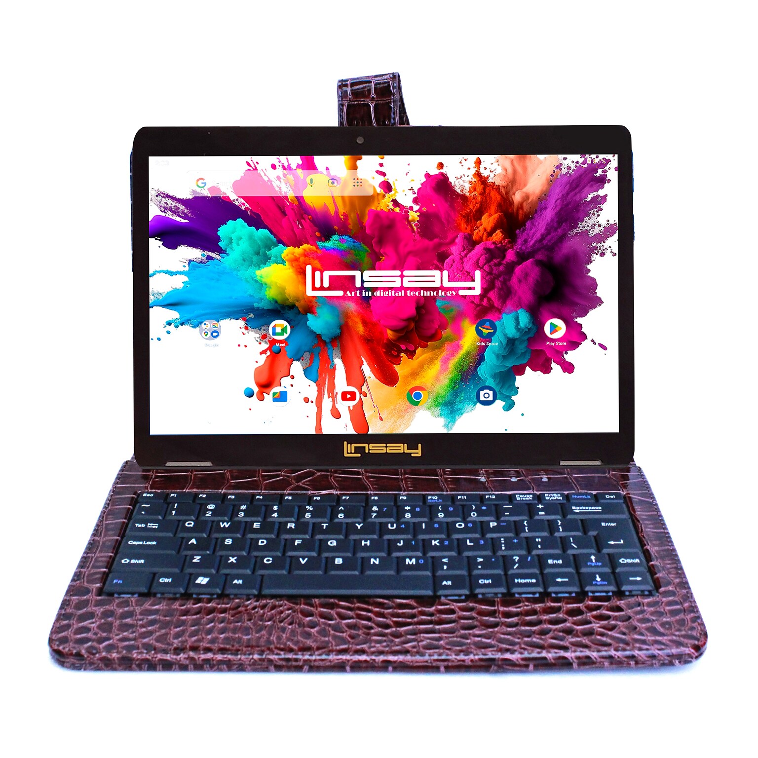 Linsay Octa Core 10.1 Tablet, 4GB RAM, 128GB Storage, Android 13, Bundled with Brown Crocodile Keyboard and Stylus Pen