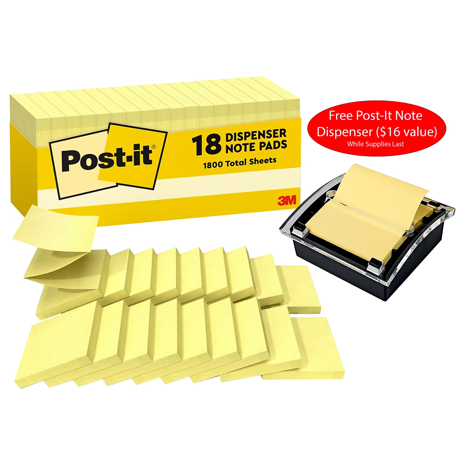 Free Post-It Note Dispenser ($16 value) w/Purchase, 3 x 3 Pop Up Sticky Notes, Canary Collection