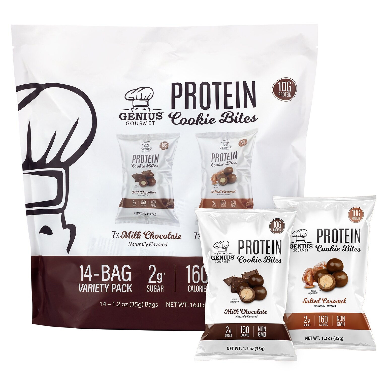 Genius Gourmet Protein Cookie Bites Gluten Free Assorted Brownie Bar Variety Pack, 1.2 oz., 14/Pack (220-02521)