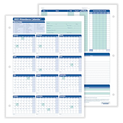 ComplyRight 2025 Attendance Calendar Card, 25 Forms/Pack (A4000W25)