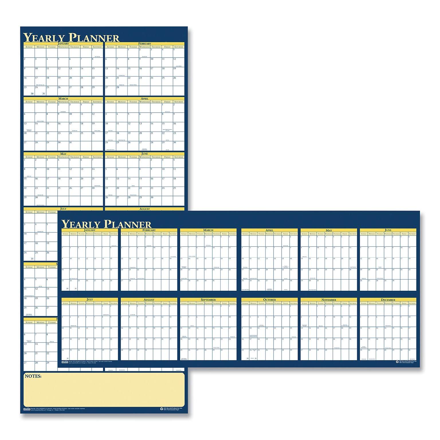 2025 House of Doolittle™ 60 x 26 Recycled Reversible Yearly Wall Planner, White/Blue/Yellow Sheets (HOD3974)