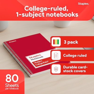 Staples 1-Subject Notebooks, 5 x 7.75, College Ruled, 80 Sheets, Assorted Colors, 3/Pack (ST11670C)