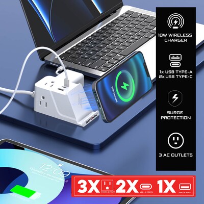 RAYOVAC 3-Outlet 3-USB Port Wireless Charging Station Surge Protector, 5-ft., 540 Joules, White (SS-P313A)