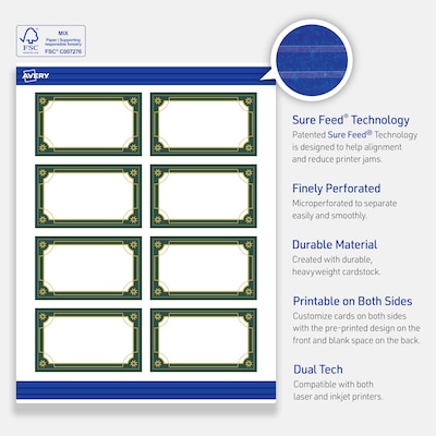 Avery Gold-Green Border Matte Blank Card, White, 80/Pack (S00-FDE)
