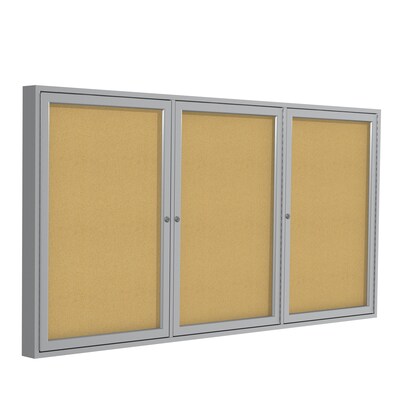 Ghent 3 Door Enclosed Natural Cork Bulletin Board, Satin Aluminum Frame, 4H x 8W, (GHEPA34896K)