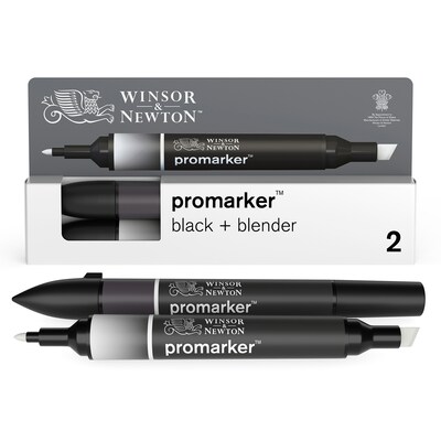 Winsor & Newton Promarker Dual-Tip Alcohol Based Marker, Black + Blender, 2/Pack (WNX0290148)