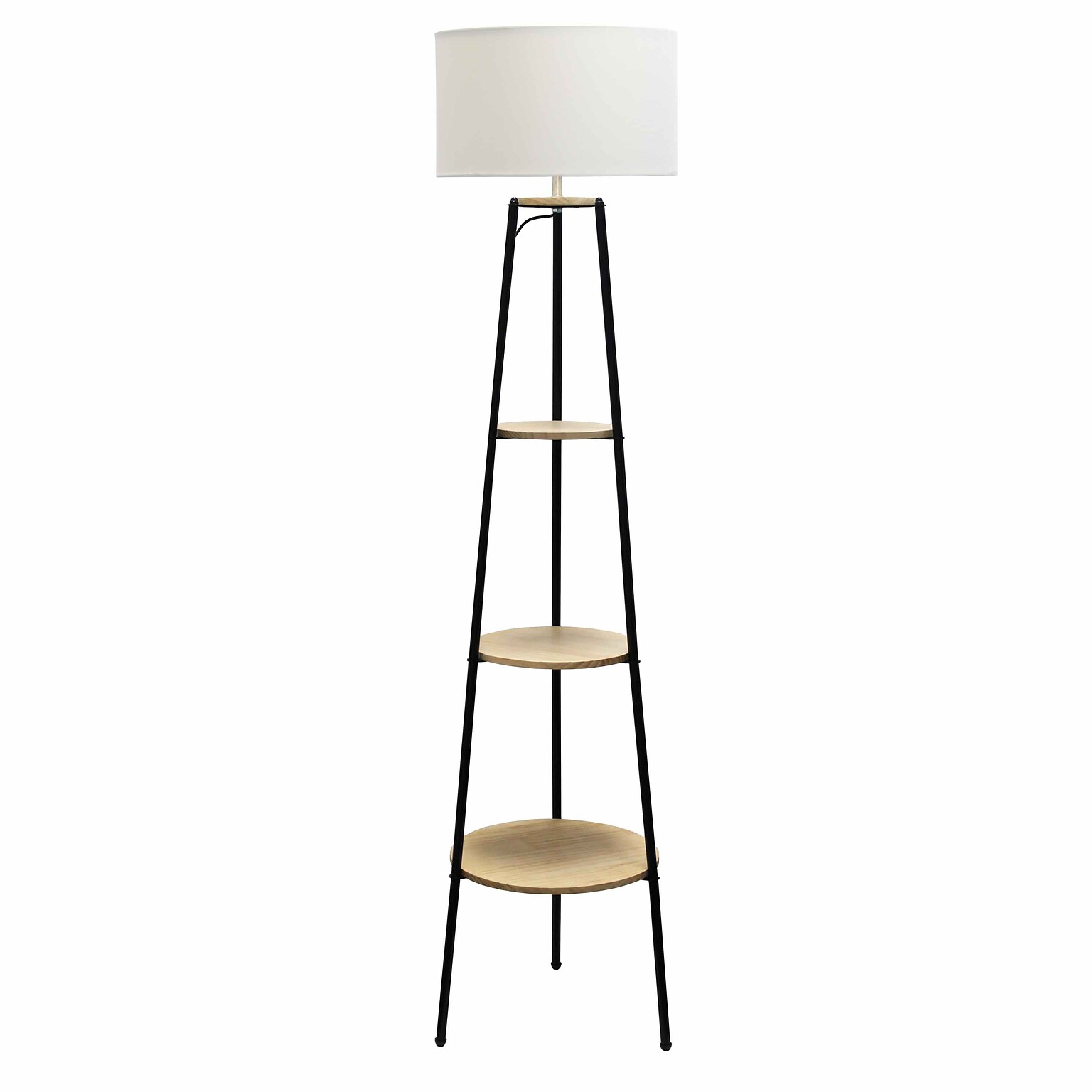 Simple Designs 62.5 Tall Modern Tripod 3 Tier Shelf Standing Floor Lamp with White Drum Fabric Shade, Light Wood (LF2015-LWD)