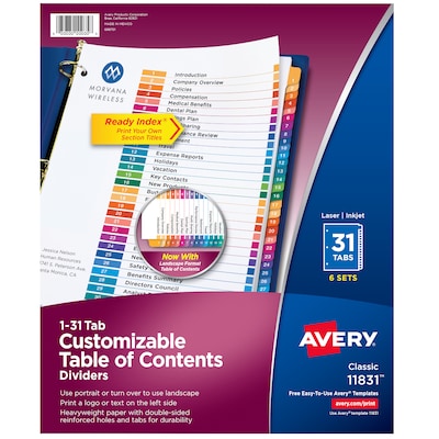 Avery Ready Index Table of Contents Paper Dividers, 1-31 Tabs, Multicolor, 6 Sets/Pack (11831)