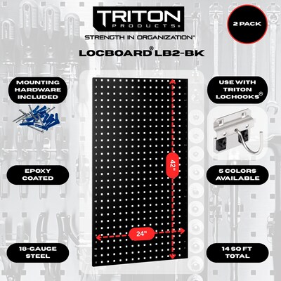 Triton Products LocBoard 24 x 42 x 9/16 Steel Square Hole Pegboards, 2/Set (LB2-BK)