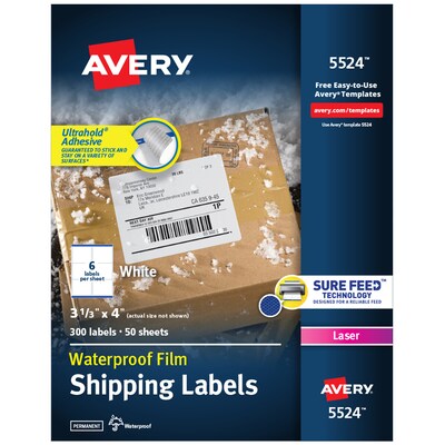 Avery Waterproof Laser Shipping Labels, 3-1/3 x 4, Matte White, 6 Labels/Sheet, 50 Sheets/Box, 300