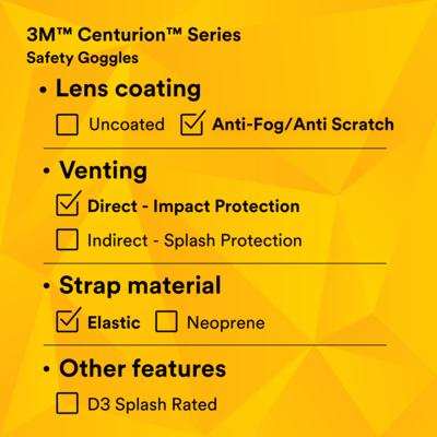 3M Centurion Impact Anti-Scratch Safety Goggles, Clear Lens, 10/Carton (40301-00000-10)