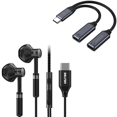 Delton 18EC Wired Earbuds & 2-in-1 USB-C Splitter Adapter Bundle, Black (DWH18ECBKKT1)