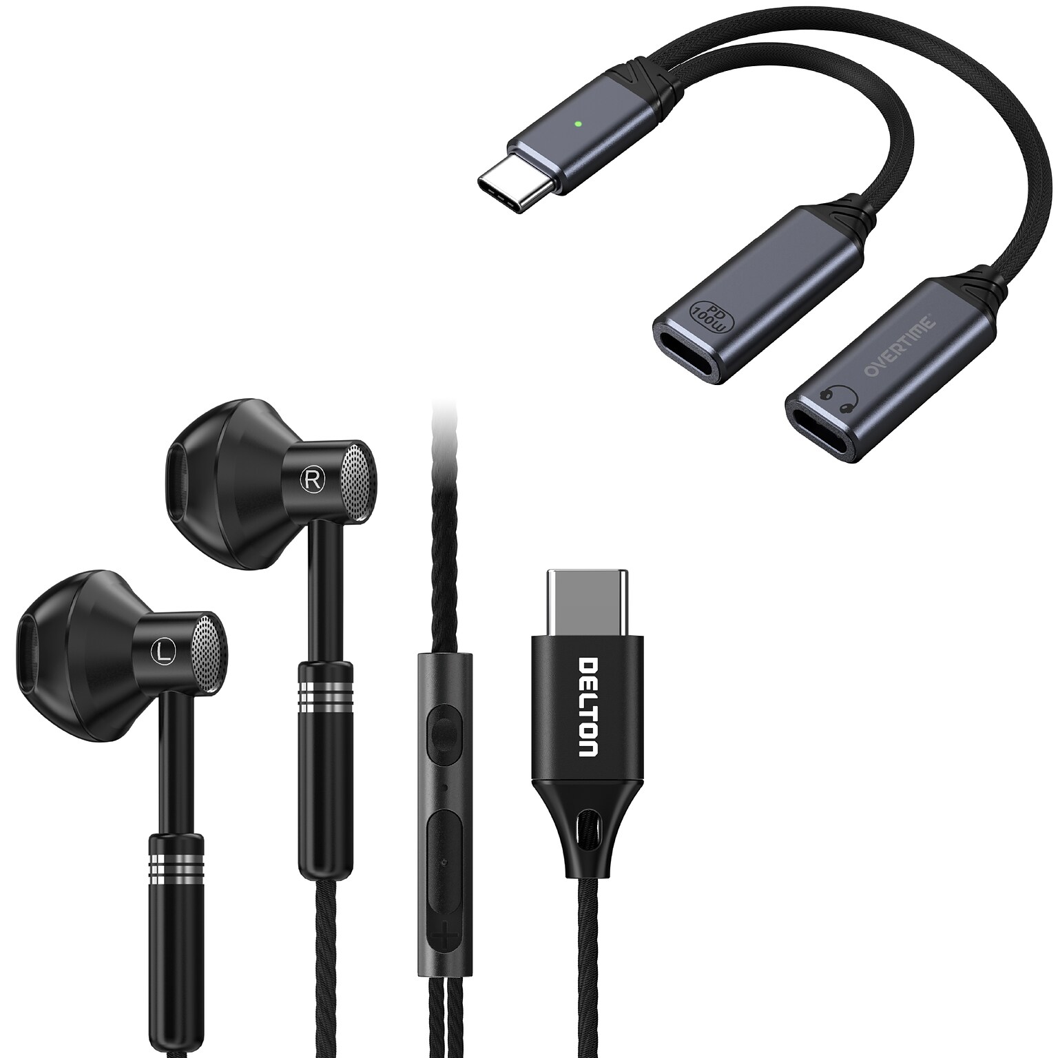 Delton 18EC Wired Earbuds & 2-in-1 USB-C Splitter Adapter Bundle, Black (DWH18ECBKKT1)