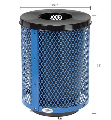 Global Industrial Outdoor Diamond Steel Trash Can w/ Flat Lid & Base, 36 Gallon, Blue (261924BLD)