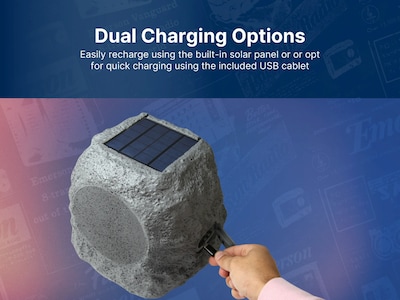 Emerson Bluetooth Outdoor Rock Speaker with Solar Charging, Waterproof, Gray (ERS-1001)