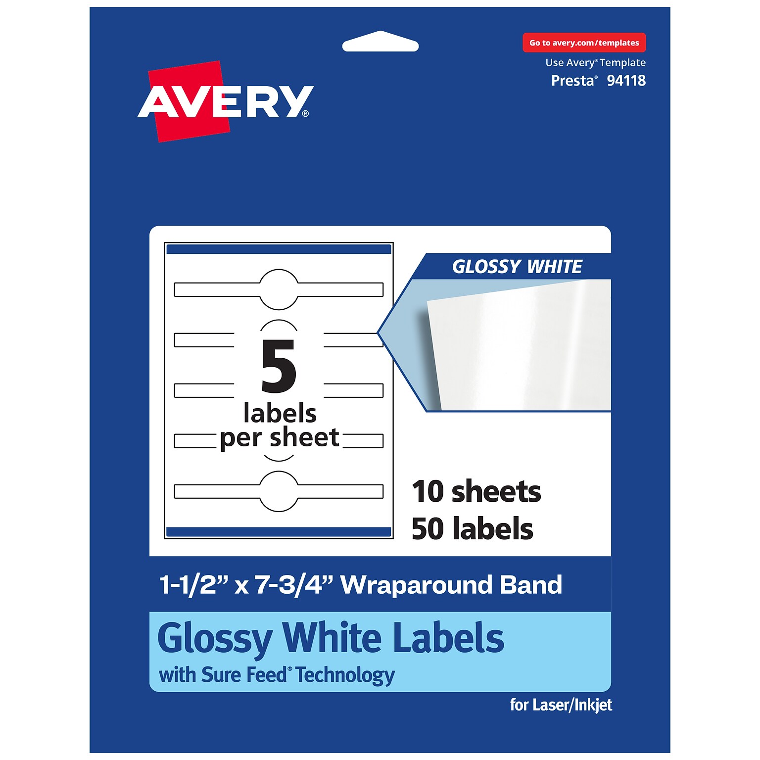 Avery Laser/Inkjet Multipurpose Labels, 7.75 x , Glossy White, 50/Pack (94118)