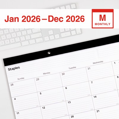 2026 Staples 18 x 11 Monthly Desk Pad Calendar, White/Black (ST17392-26)