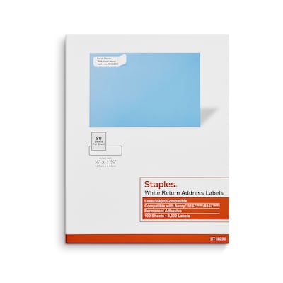 Staples® Laser/Inkjet Address Labels, 1/2 x 1 3/4, White, 80 Labels/Sheet, 100 Sheets/Pack, 8000 L