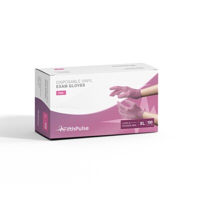 FifthPulse Powder Free Vinyl Exam Gloves, Latex Free, X-Large, Pink, 100/Box (FMN100044)