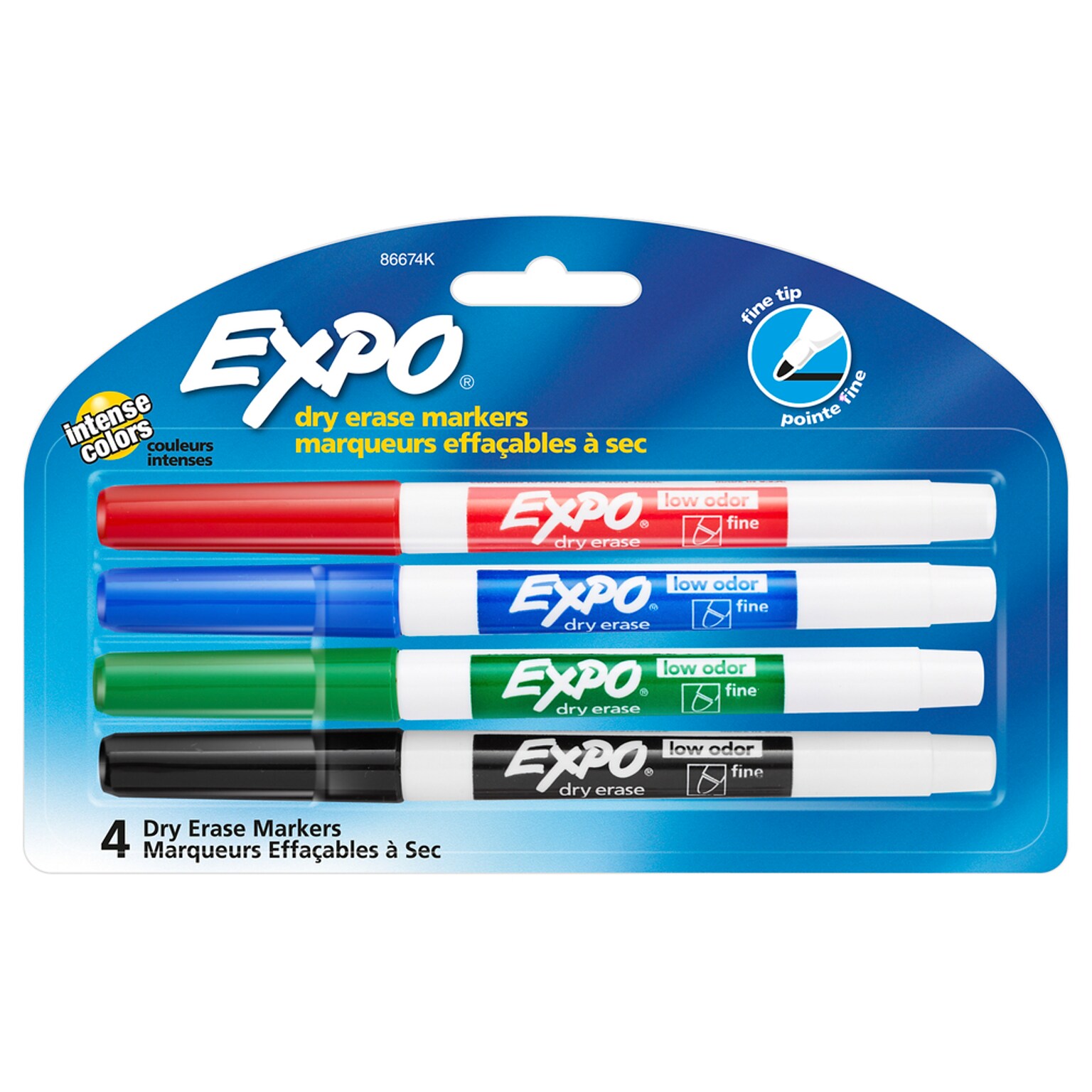 Expo Low Odor Dry Erase Markers, Fine Tip, Assorted, 4/Pack (86674)
