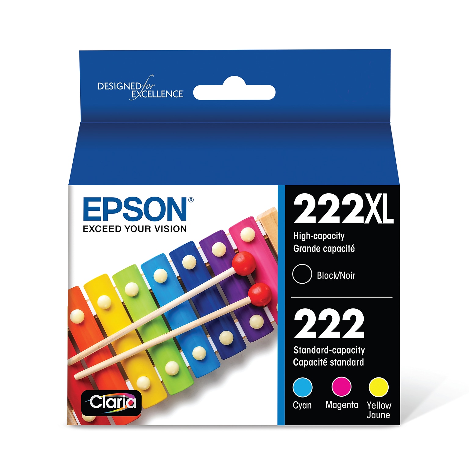 Epson 222XL/222 Black High Yield and Cyan/Magenta/Yellow Standard Yield Ink Cartridges, 4/Pack (T222XL-BCS)