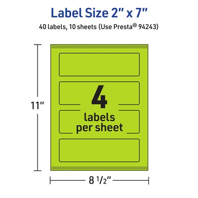 Avery Rectangle Multipurpose Labels, 2" x 7", Bright Green, 40/Pack (94243)