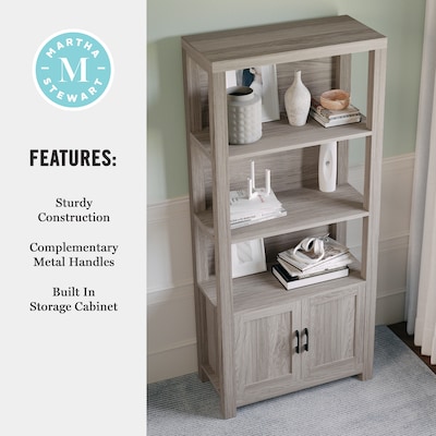 Martha Stewart Hutton 68" 4-Shelf Shaker Style Bookcase w/ Cabinet, Gray Washed Wood/Oil Rubbed Bronze Hardware (ZG053GYBK)