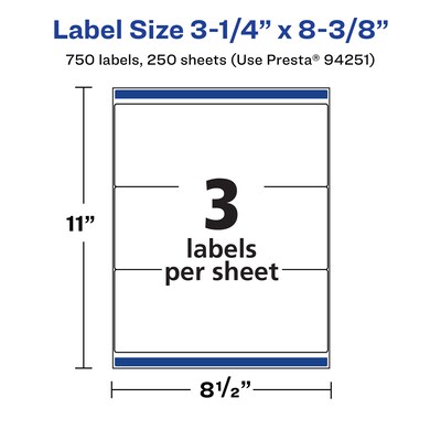 Avery Laser/Inkjet Rectangle Multipurpose Labels, 3.25" x 8.375", White, 750 Labels/Box (94251)